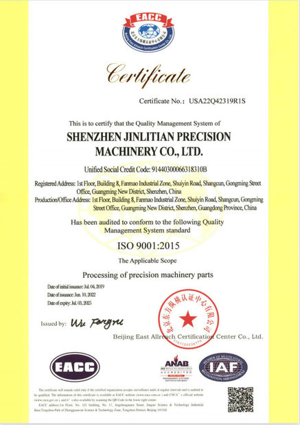Chiny Shenzhen Jinlitian Precision Machinery Co., Ltd. Certyfikaty